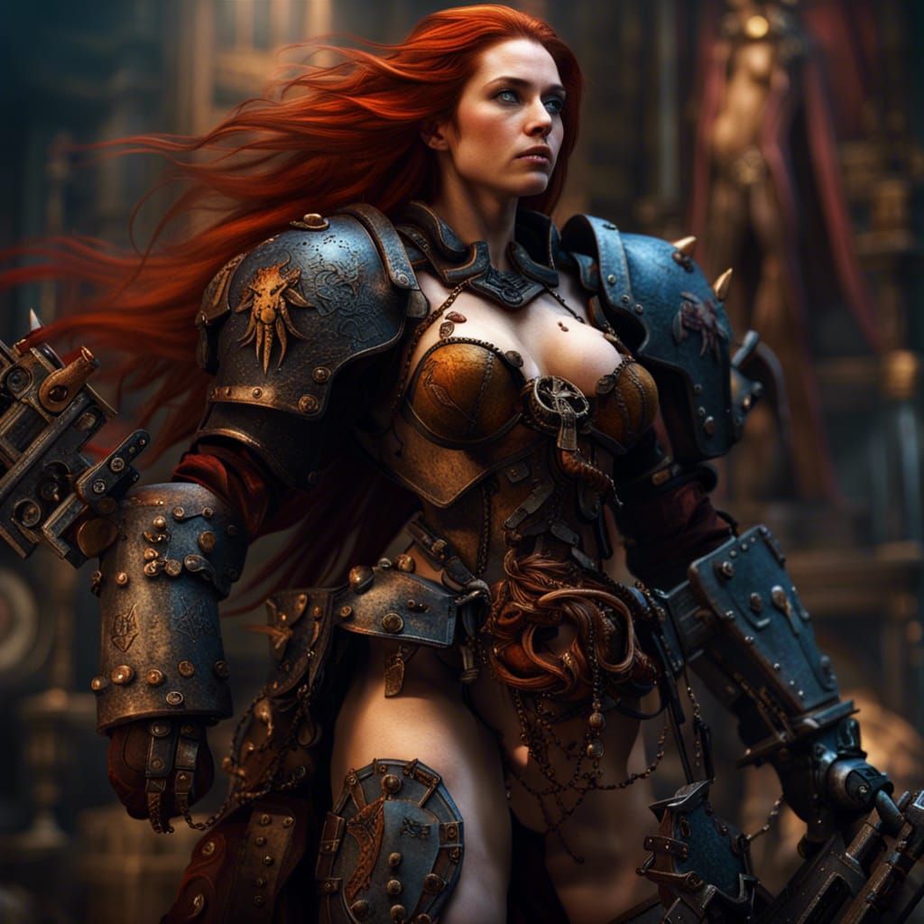 Nude Redhead on Crate in Warhammer 40k Style