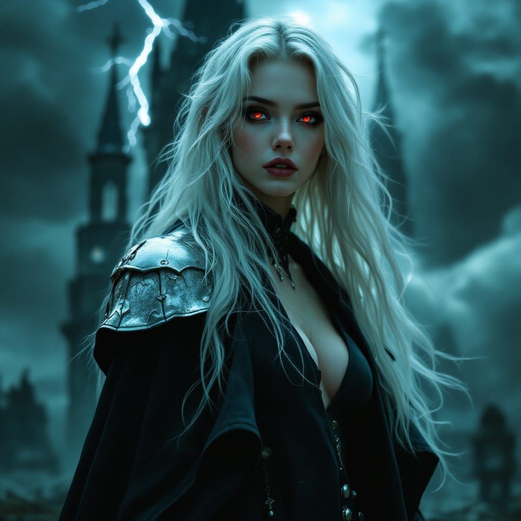 Gothic Goddess in Crimson Eyes and Flowing White Hair