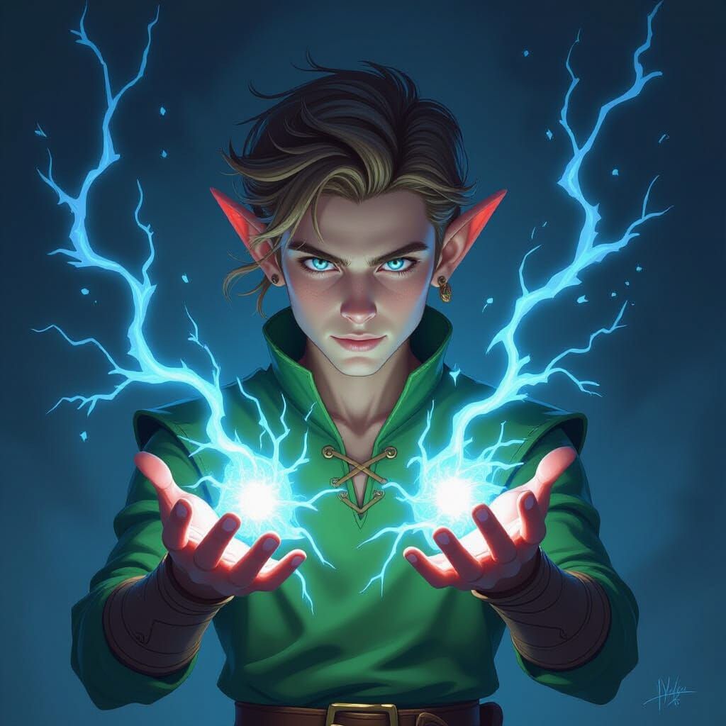 Elf Mage Channels Blue Energy with Lightning Magic