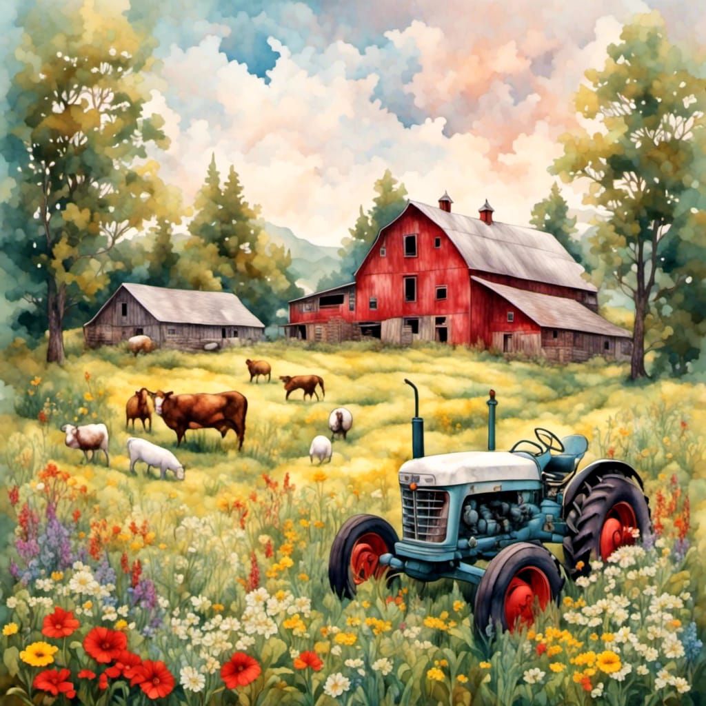 Farmhouse in Wildflower Field, Watercolor Style