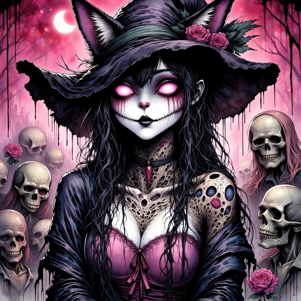 Zombie Apocalypse Wonderland with 80s Anime Cheshire Cat Gir...