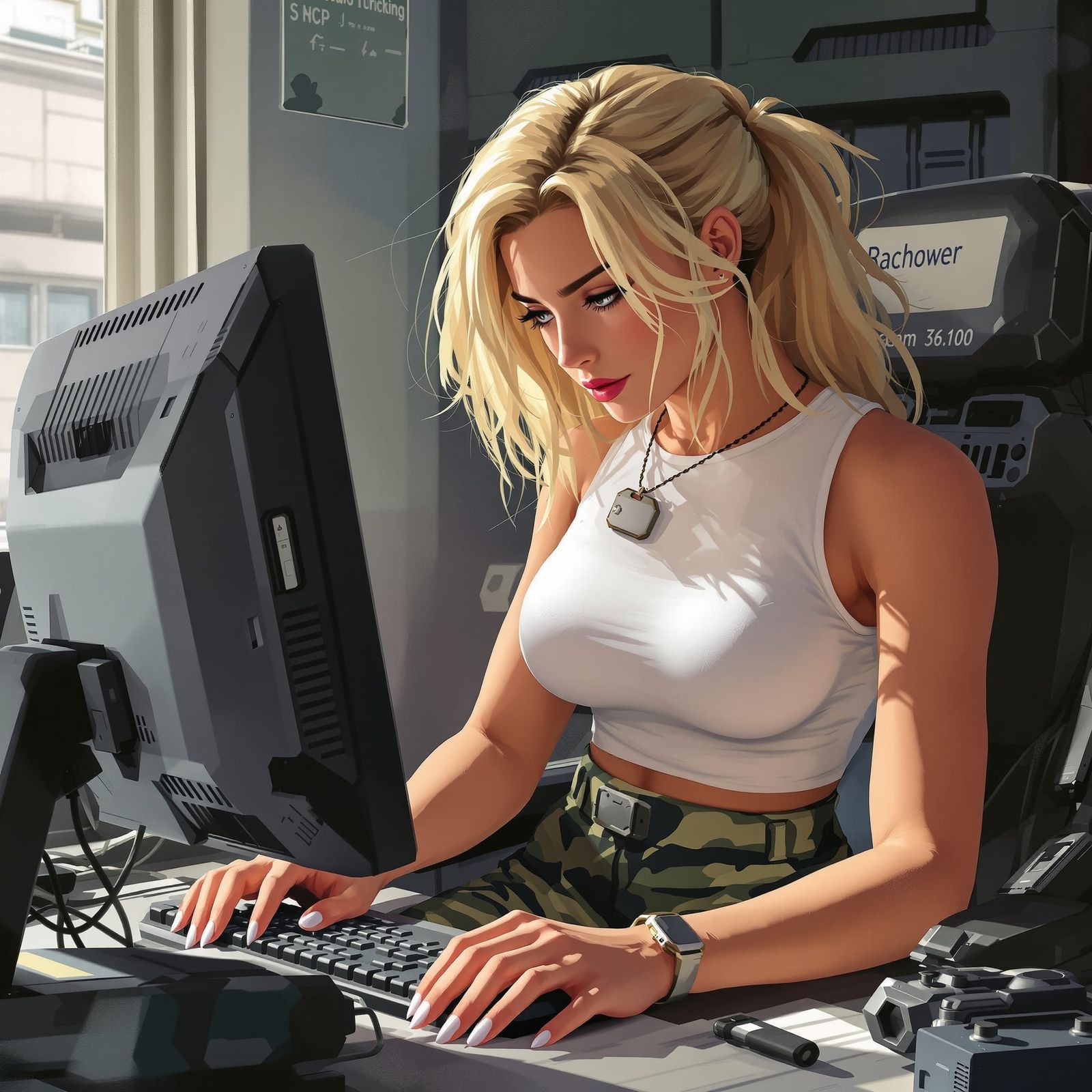 Woman Typing at Computer in Sci-Fi Style