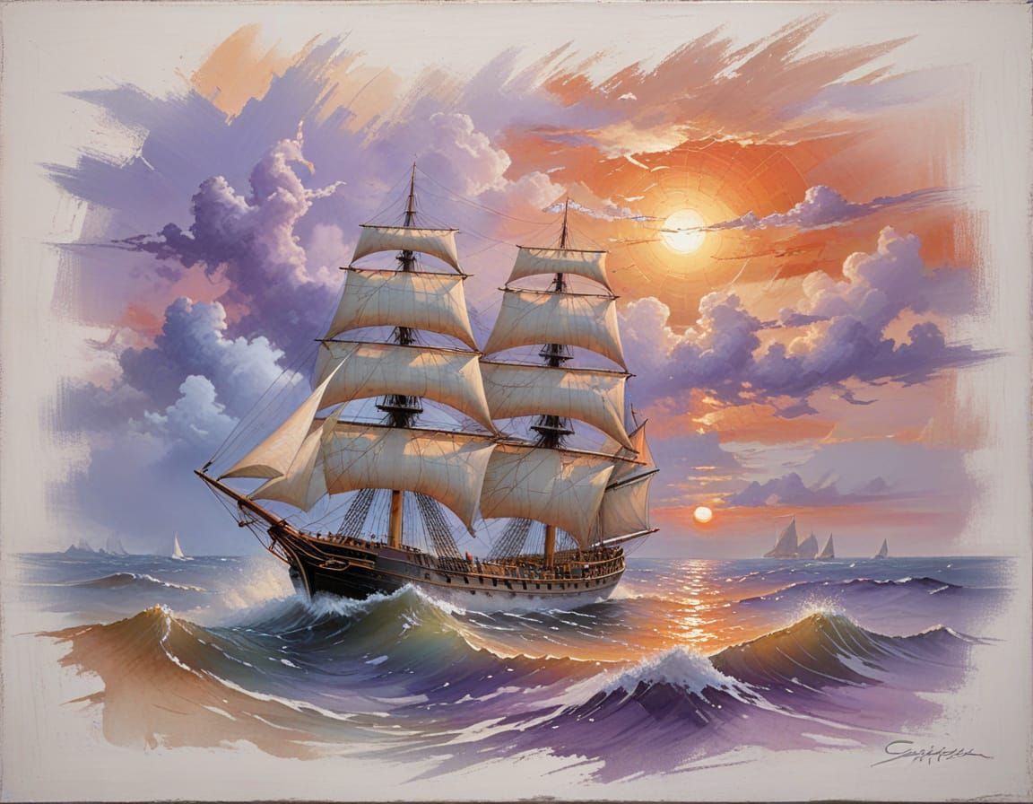 Sailing Ship at Sunset in Oil Painting Style
