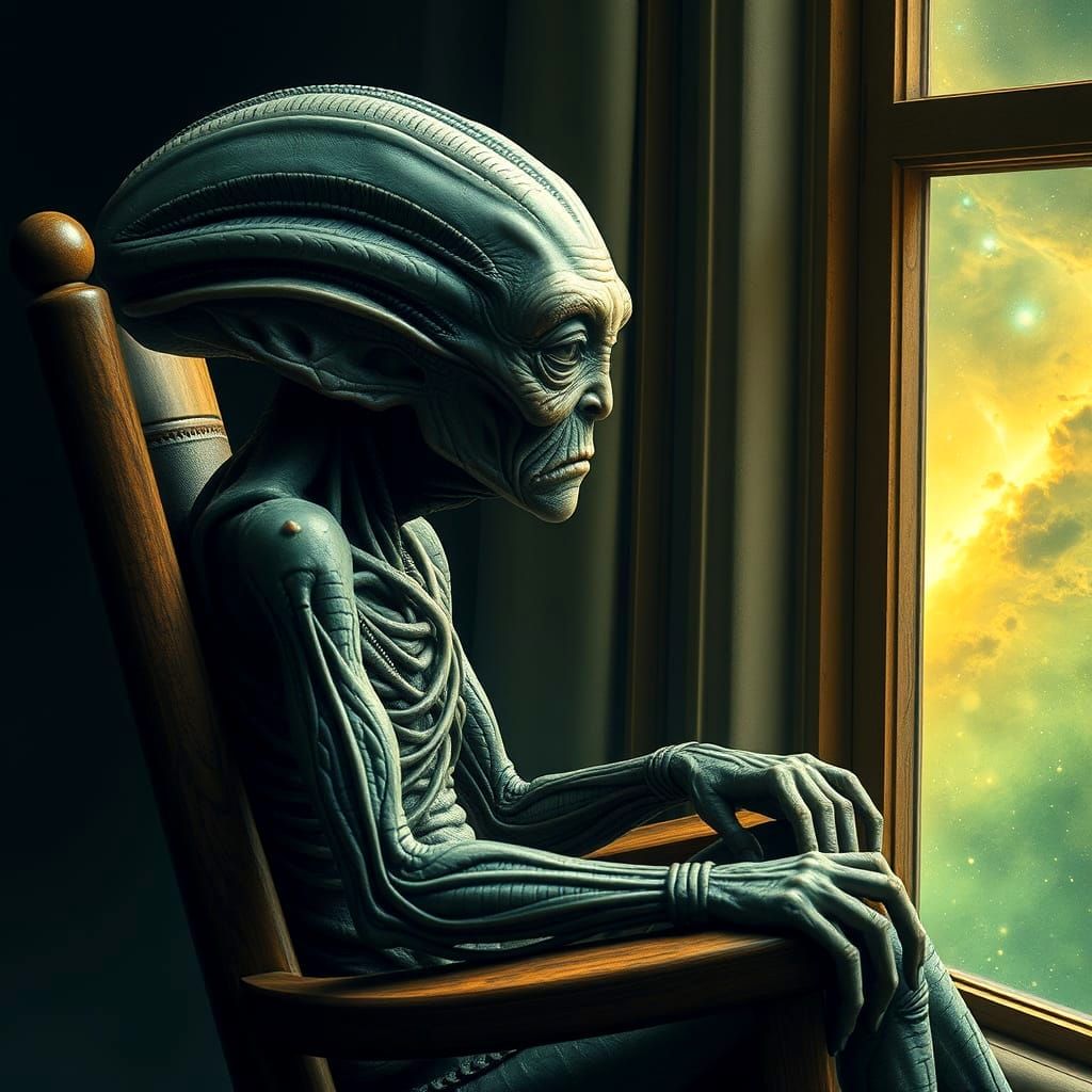 Old Alien Contemplates Nebulas in Sci-Fi Art