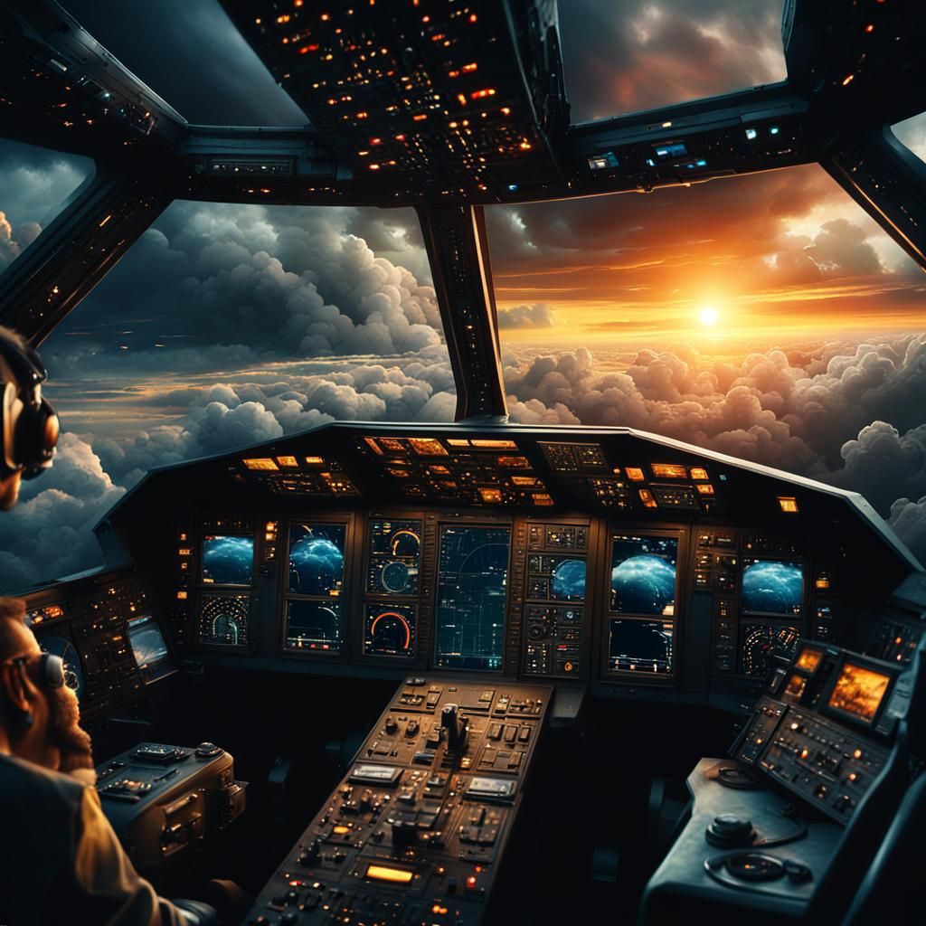Spaceship Pilot Views Sunset Through Stormy Clouds