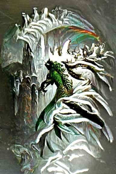 Green Dragonborn in a Dark, Magical City
