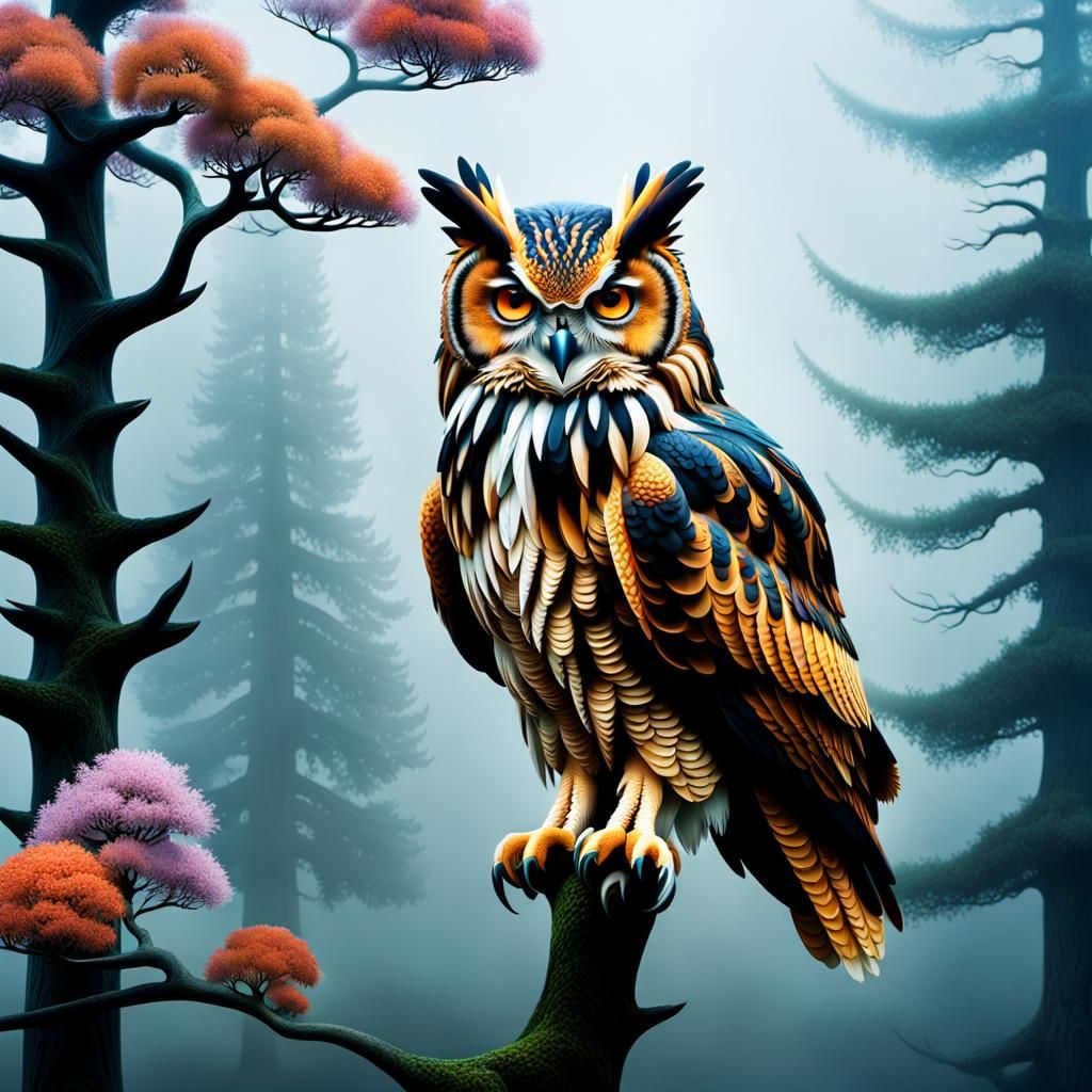 Surreal Owl-Eagle Hybrid in Psychedelic Fractal Landscape