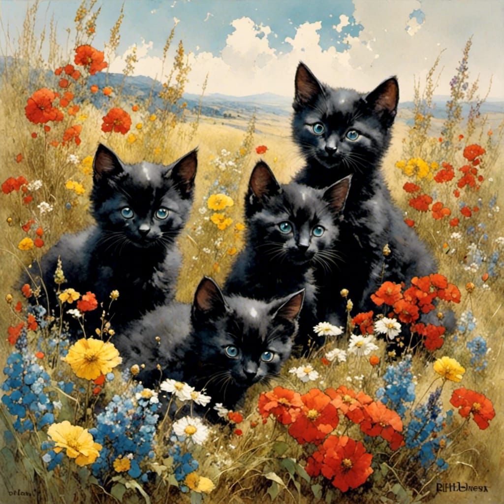 Black Kittens Play in a Sunny Flower Field
