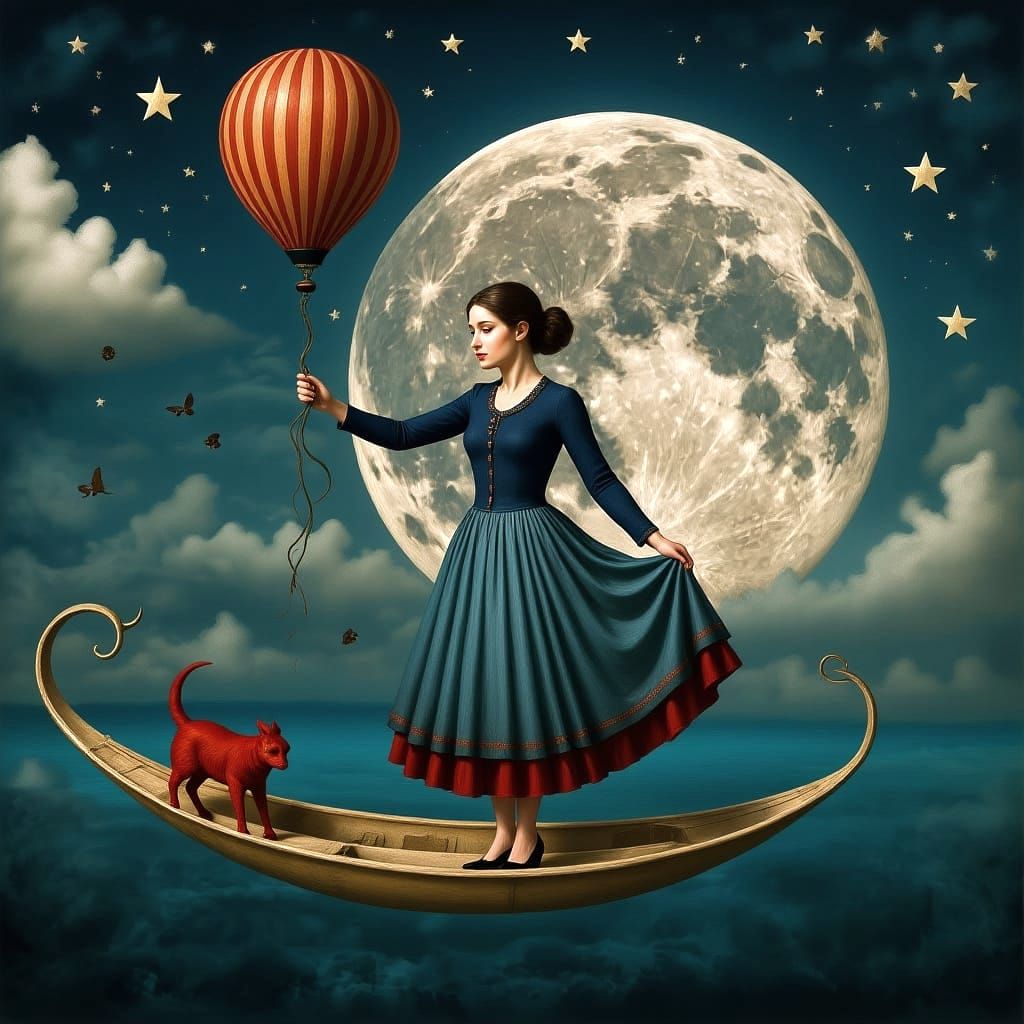 Whimsical Moon Flight in Magical Realism Style