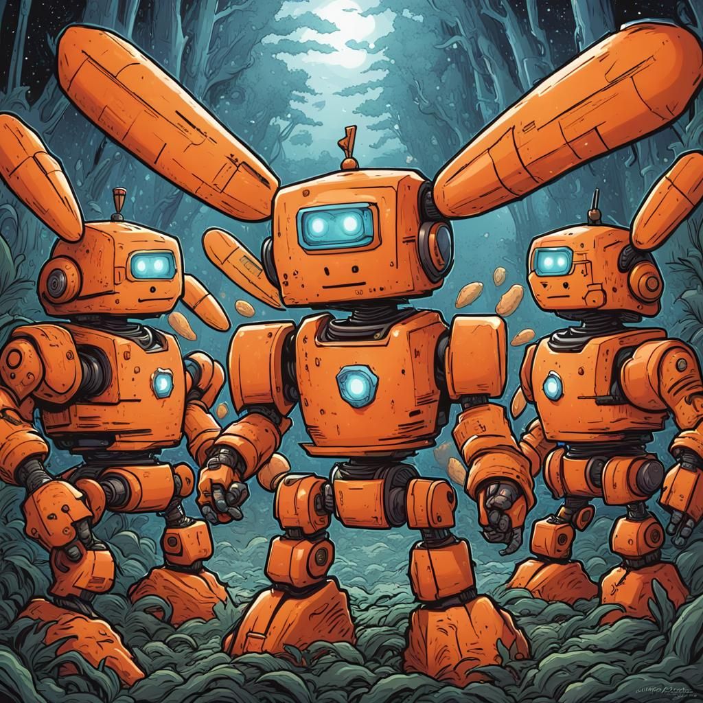 Robotic Carrot Robot Army in Comic Book Style