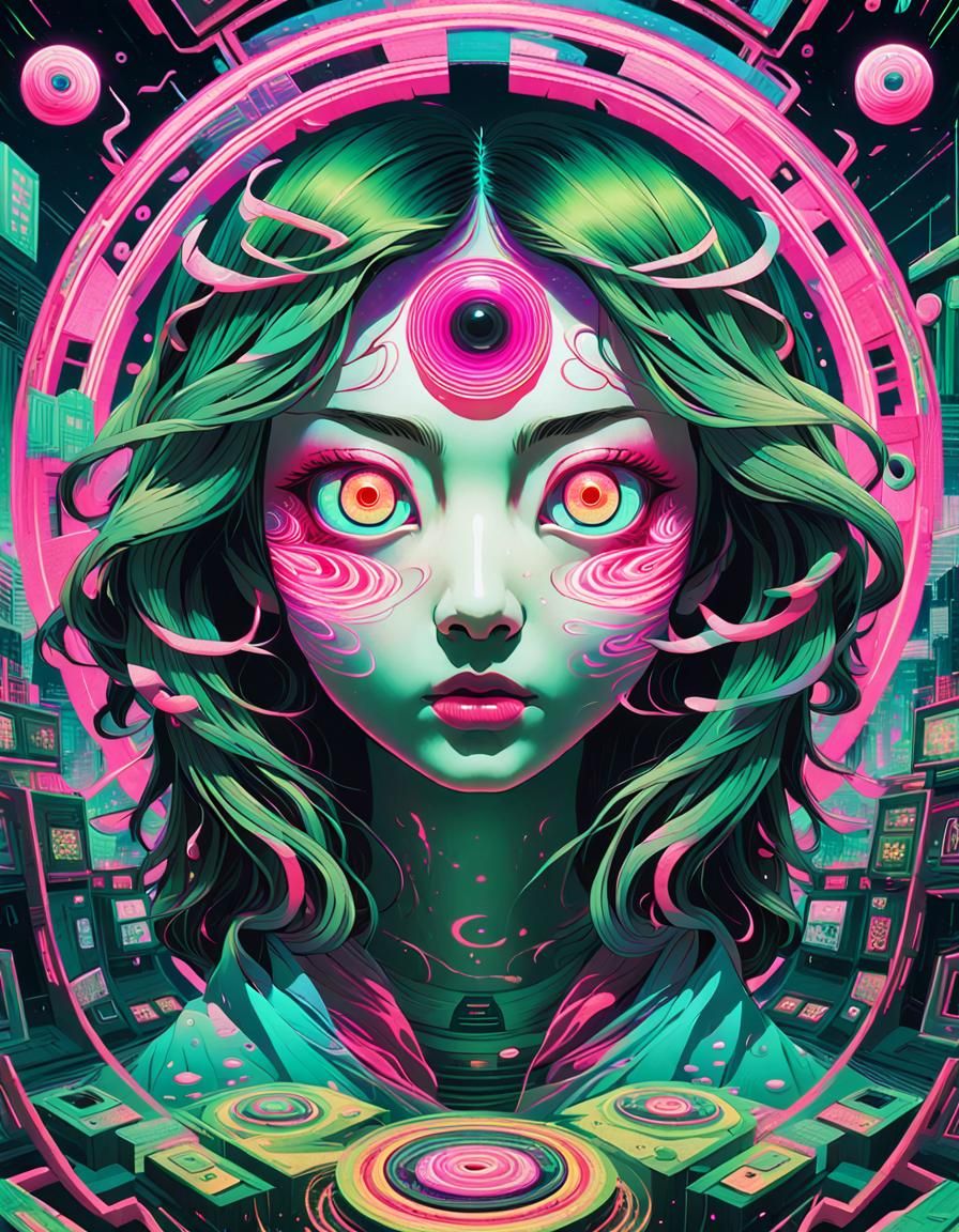 Surreal Retrofuturistic Eyes in Glitchcore Ukiyo-e Style