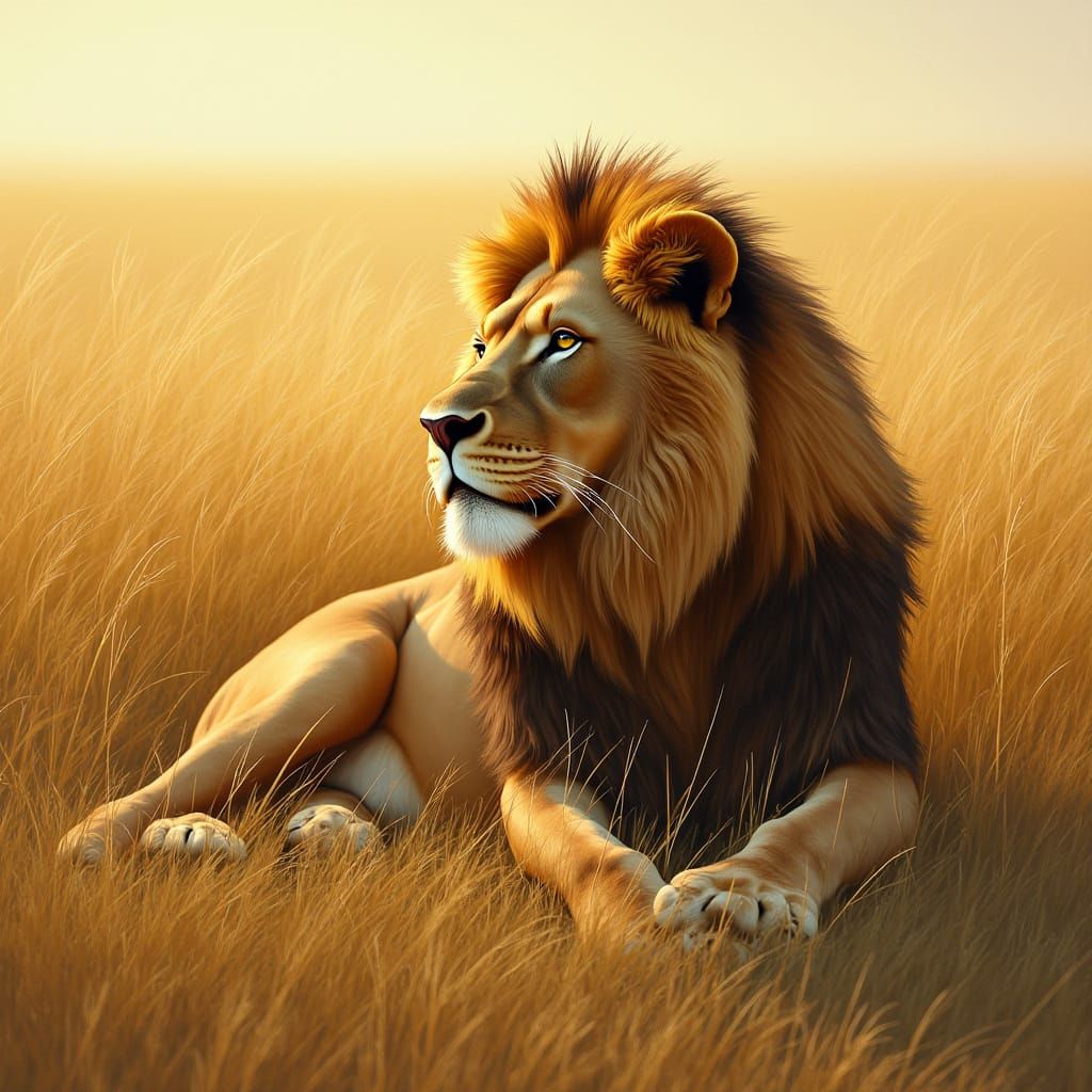 Lion Lounging in Golden Grass, Impressionist Style