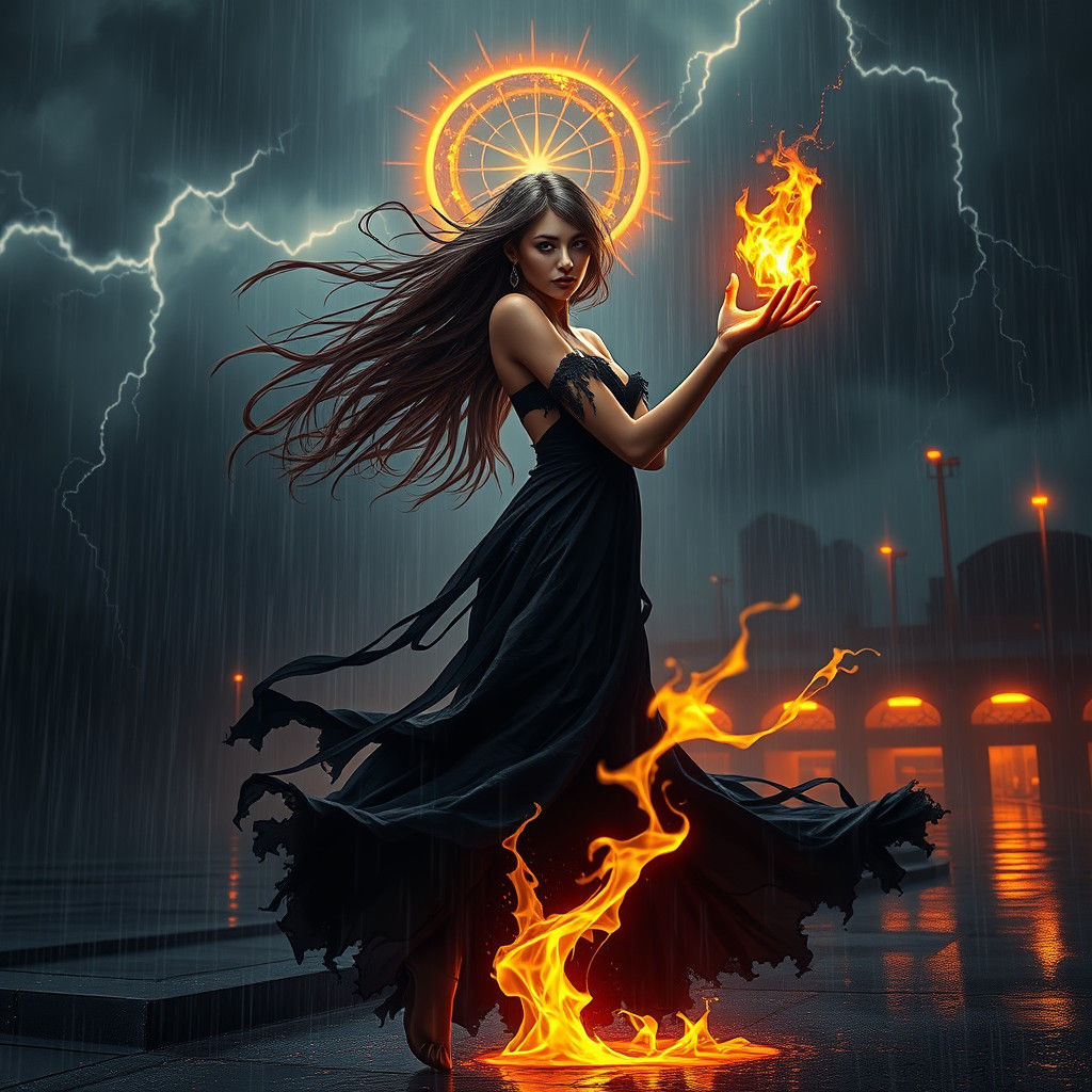 Woman Sets Fire to Rain, Dark Fantasy Art