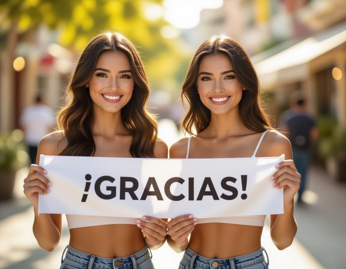 Two Women Holding "GRACIAS!" Banner in Golden Hour Light