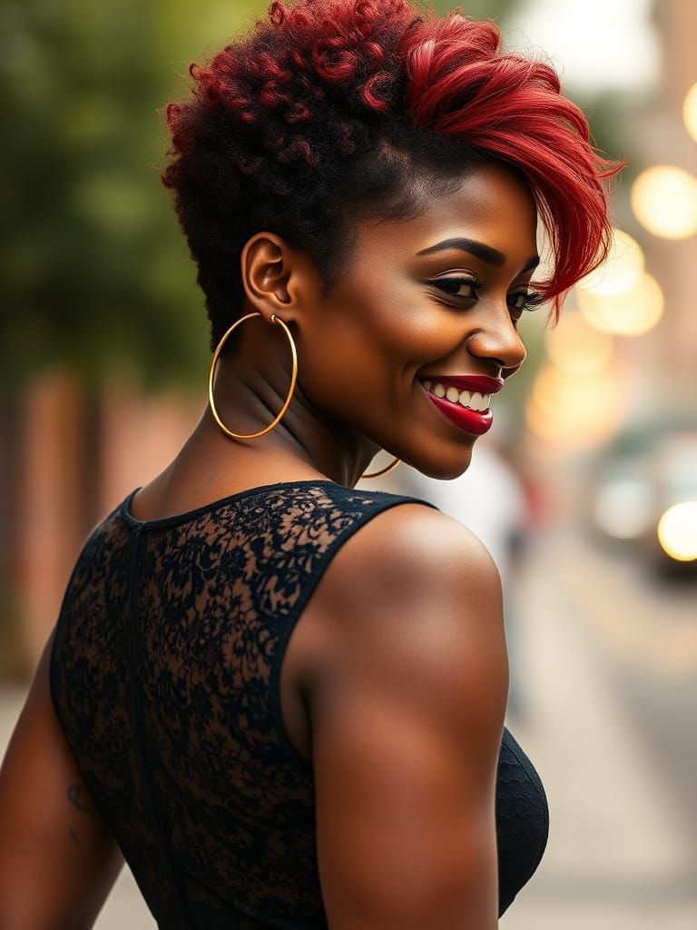 Sultry Afro Woman Smiles in Dramatic Lighting