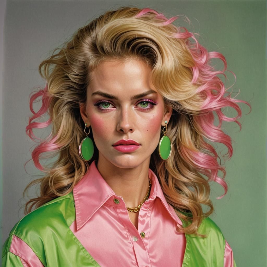 1980s Woman with Big Blond Hair, Hyperrealistic