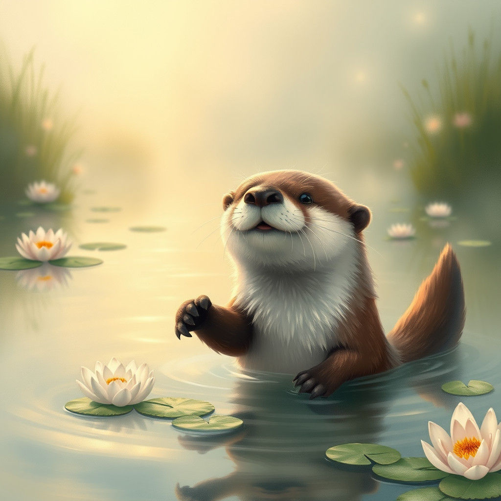 Playful Otter in Misty Monet-Inspired Lake Scene