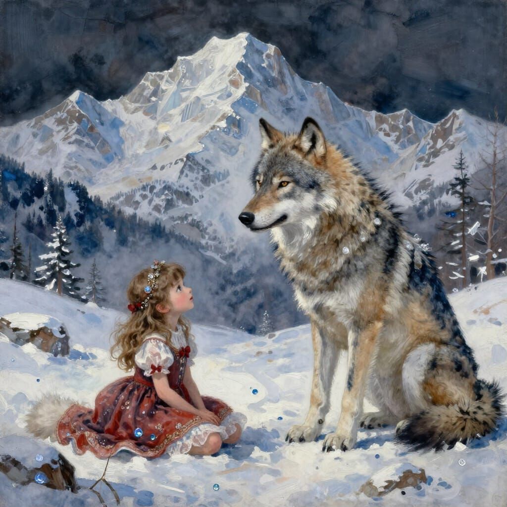Impressionist Girl and Wolf in Snowy Mountains