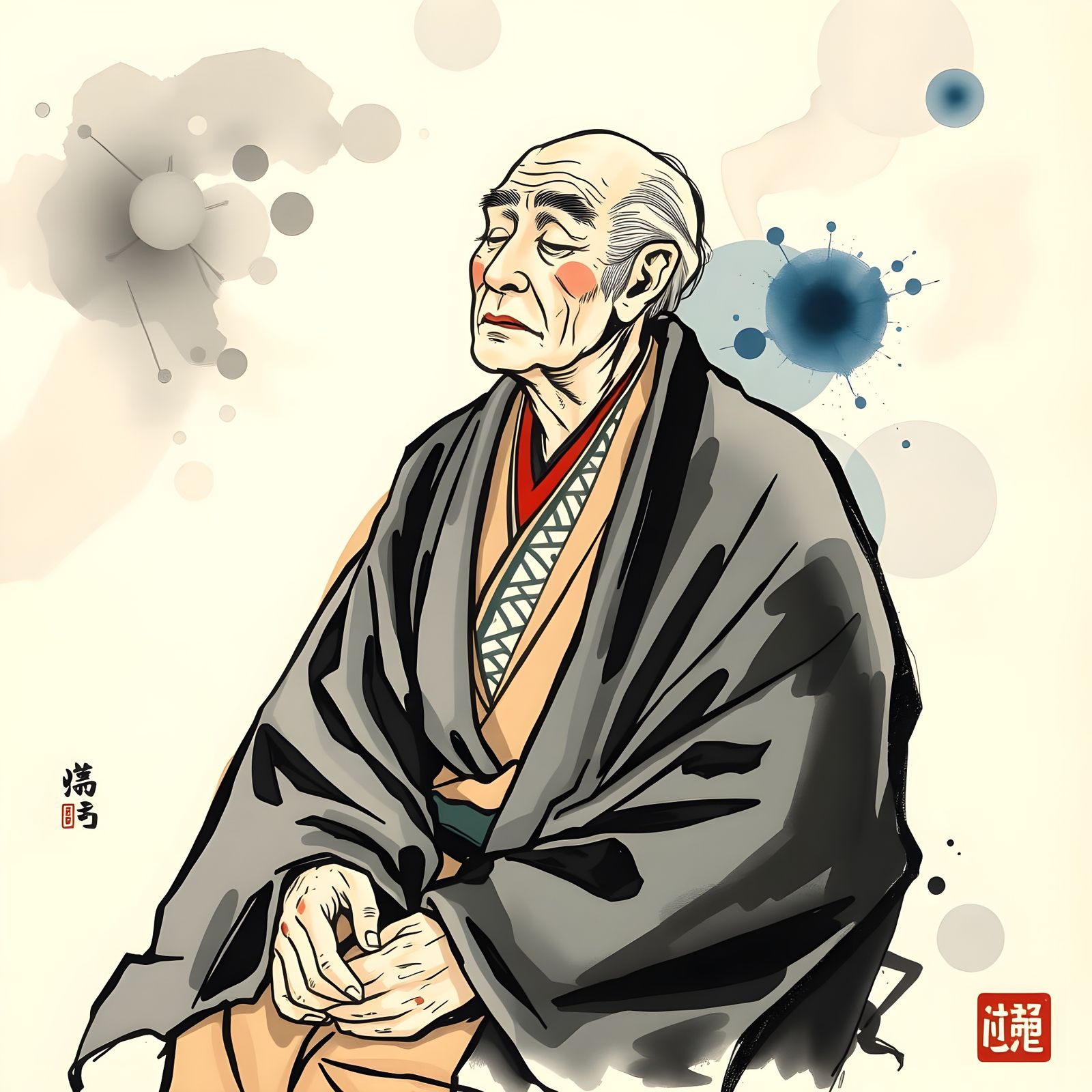 Elderly Japanese Man in Sumi-e Style Painting