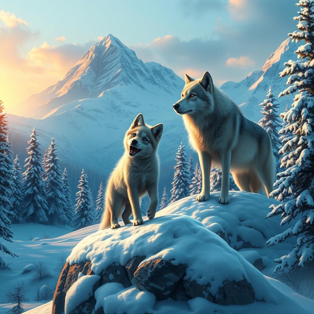Wolf Pup Howling in Snowy Mountain Sunset