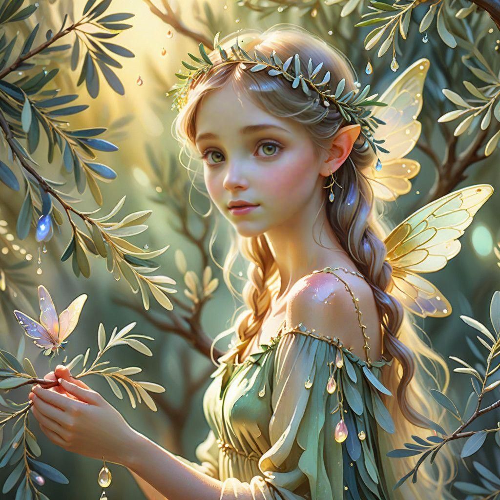 Whimsical Olive Tree Fairy in Folk Art Style