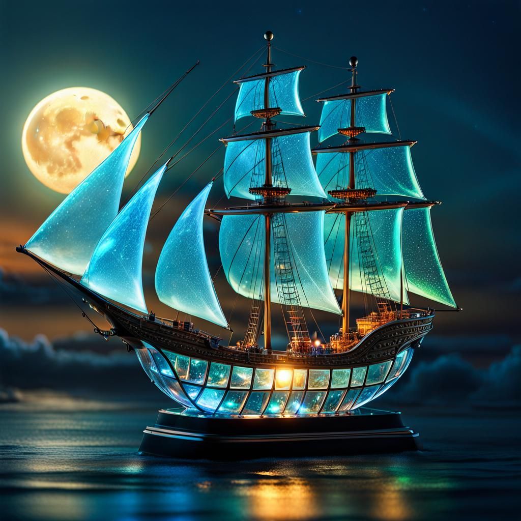 Luminescent Glass Ship on Moon Water Ocean