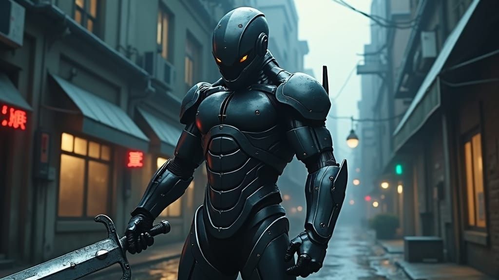 Cyborg Raiden in Dystopian Cityscape, Anime Style