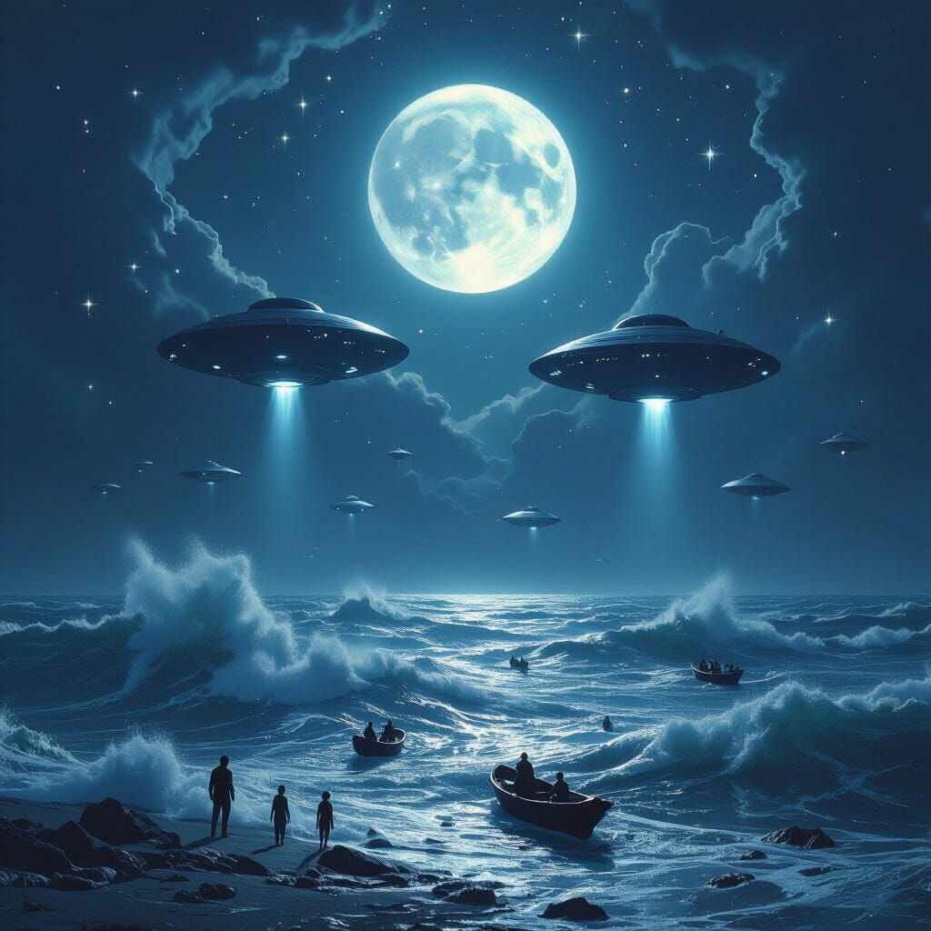 Aliens Arrive on Windy Seas Under Full Moon Skies