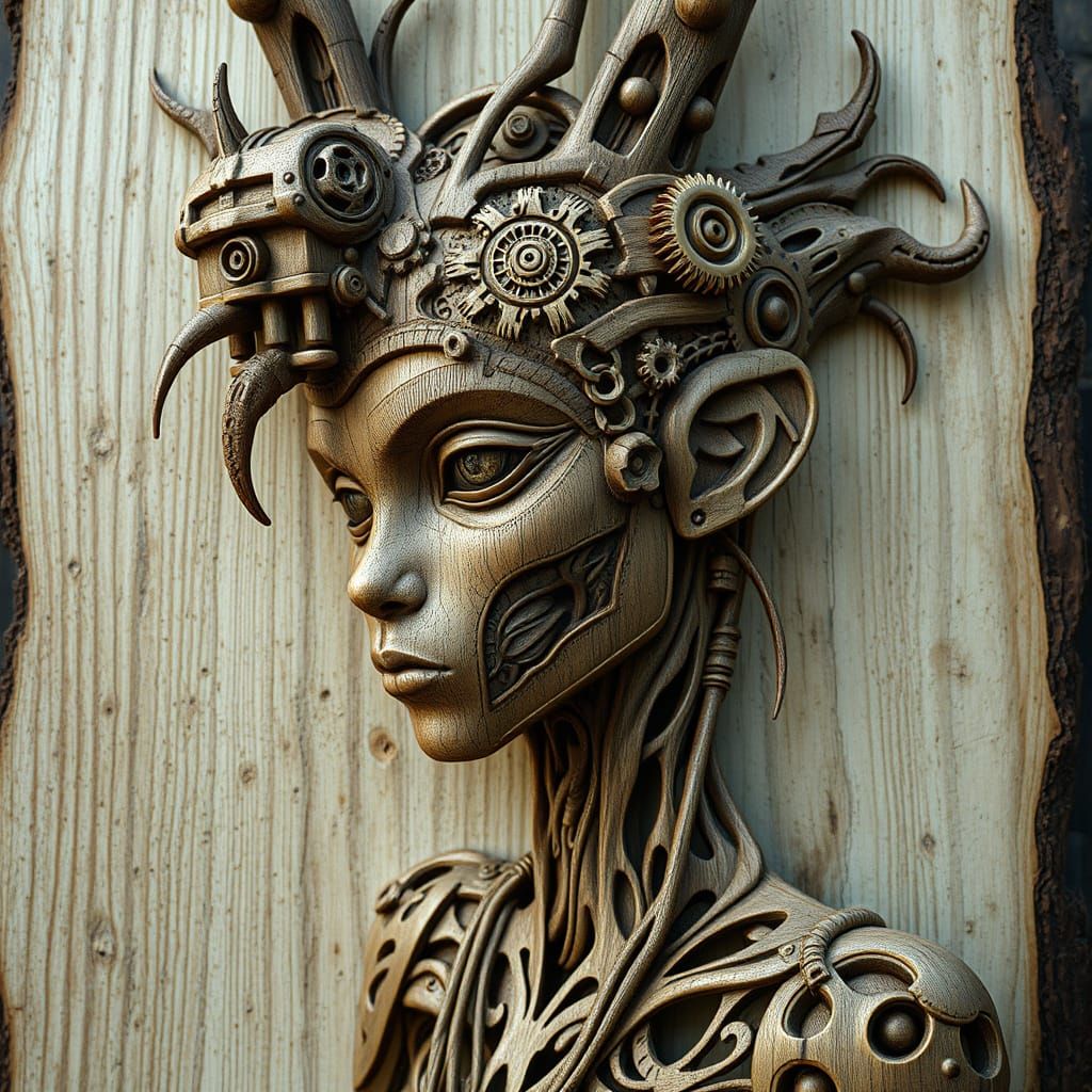 Steampunk Dryad Portrait with Carved Wood Details