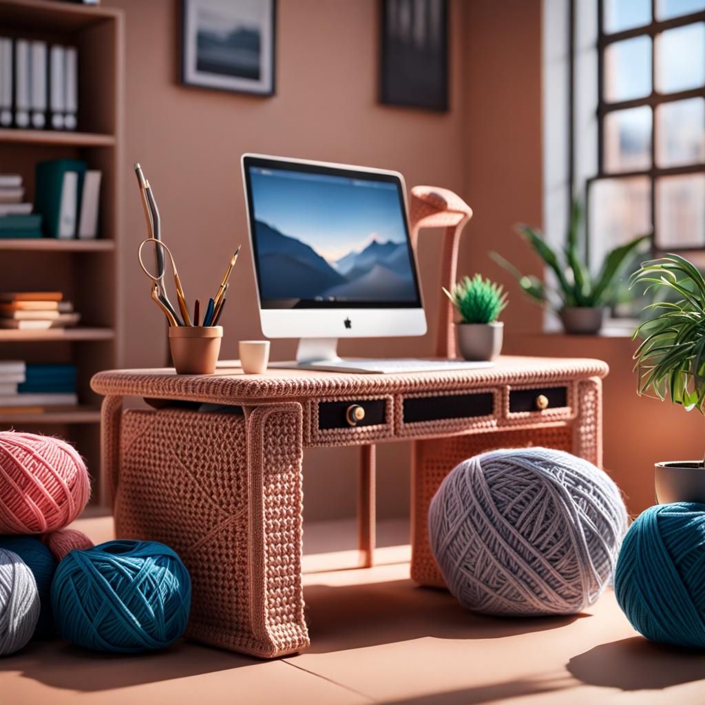 Yarn-Crafted Office Scene: A 3D Render