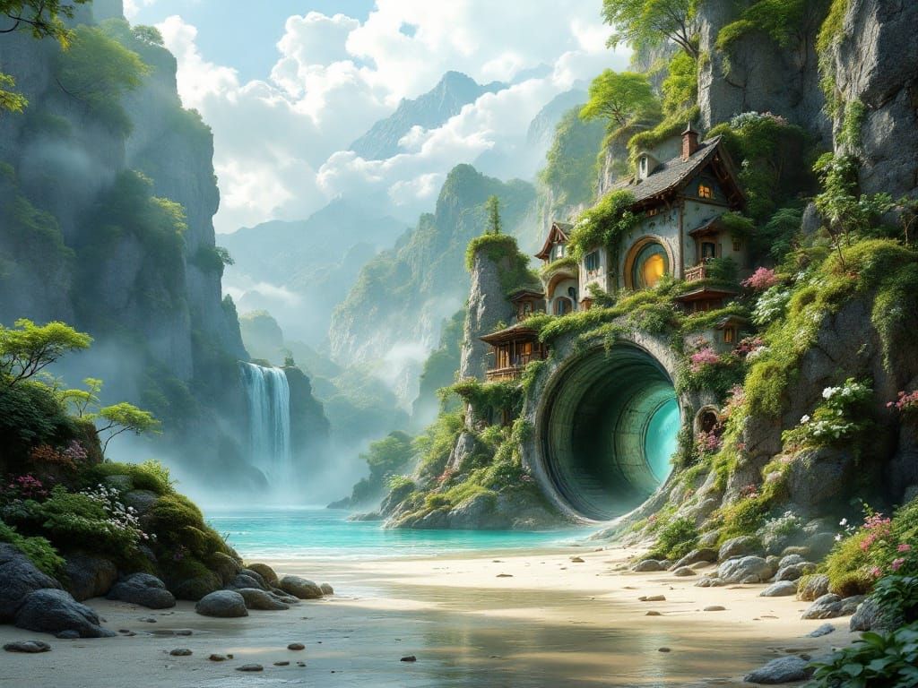 Whimsical Mountain Oasis in Hyperrealistic Fantasy Style