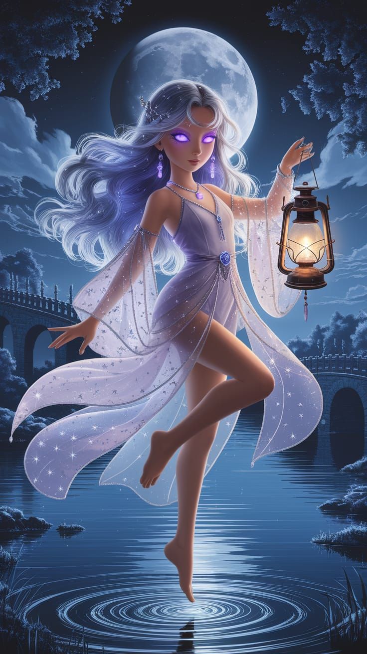 Ethereal Girl with Lantern Above Moonlit Lake