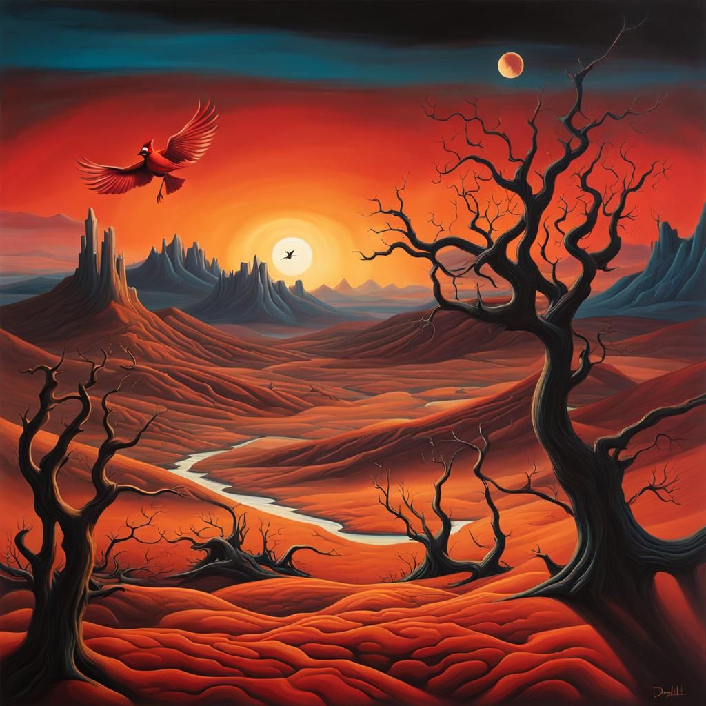 Surreal Cardinal in Jagged Landscape, Dali Style