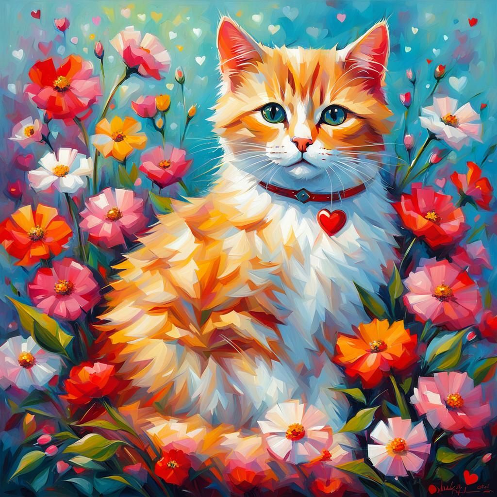 Cute Cat with Flowers in Impressionist Style