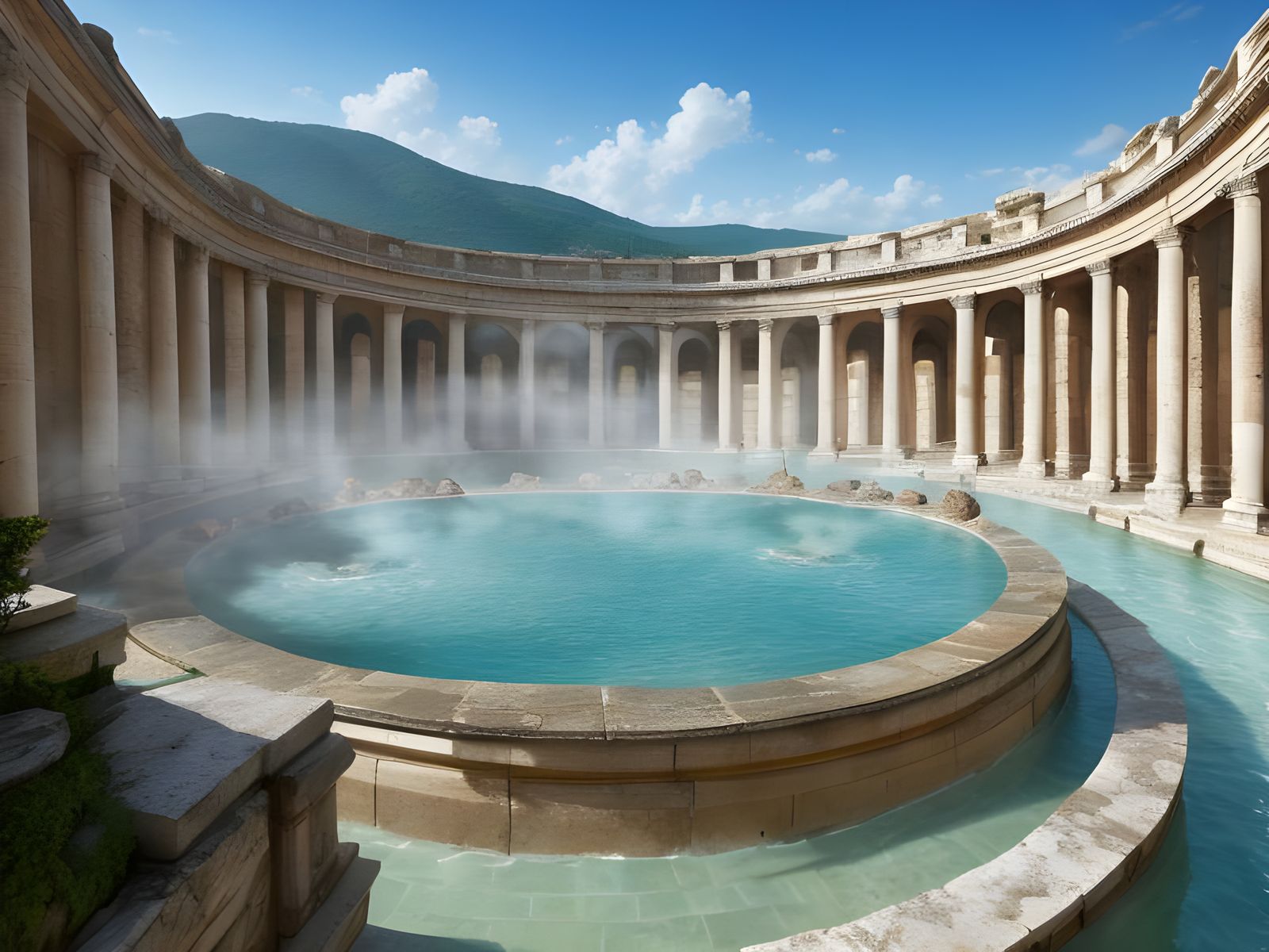 Fantasy Roman Thermal Bath with Vivid Landscape
