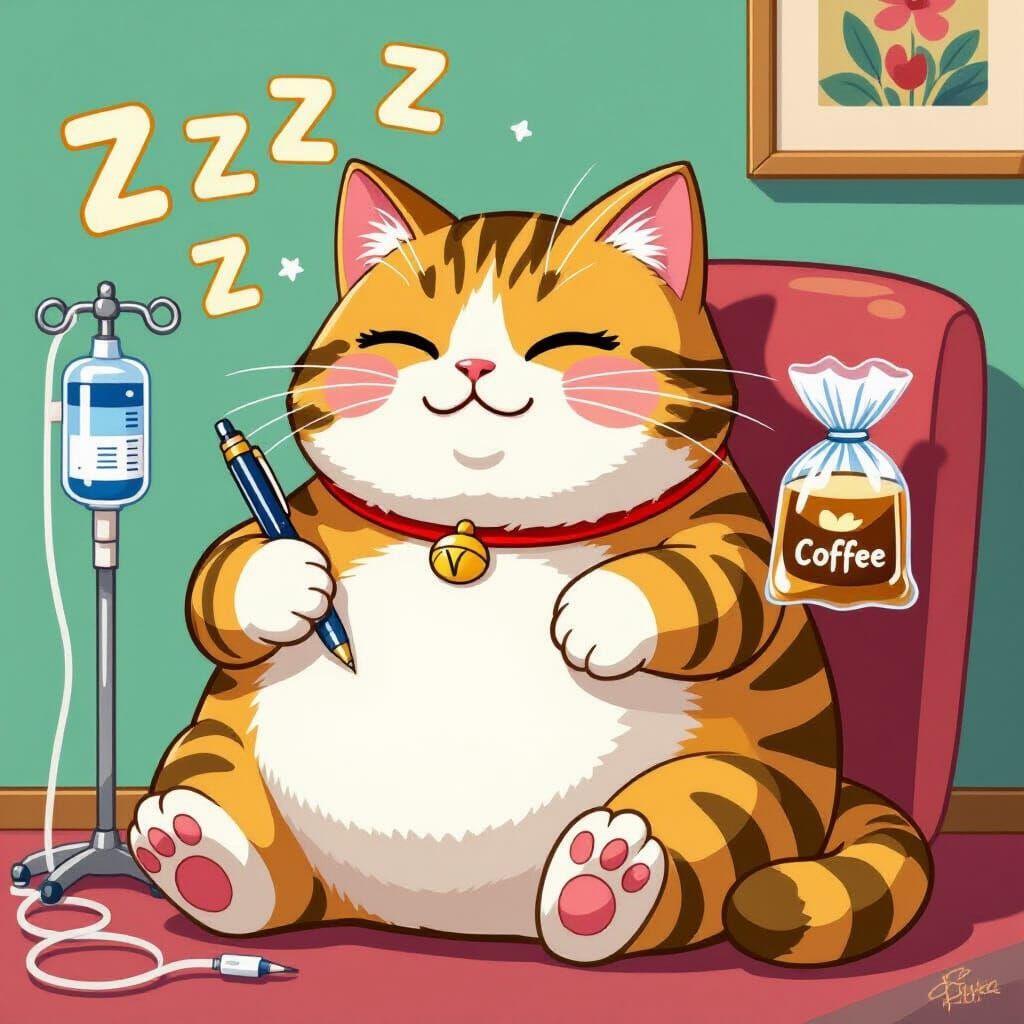 Cat with Coffee IV Drip in Whimsical Style