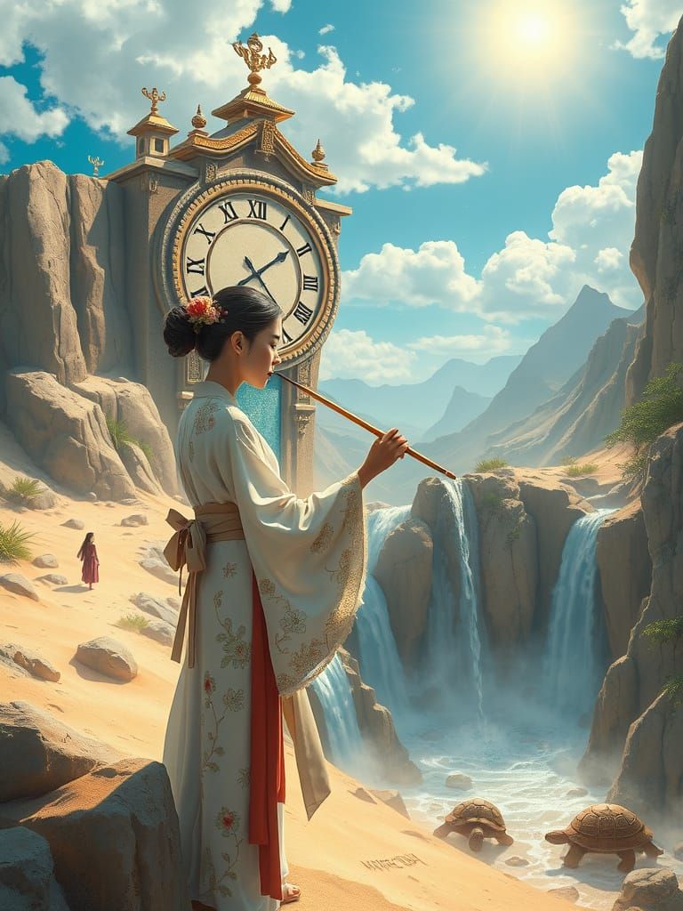 Woman Manipulating Time in Surreal Oriental Landscape