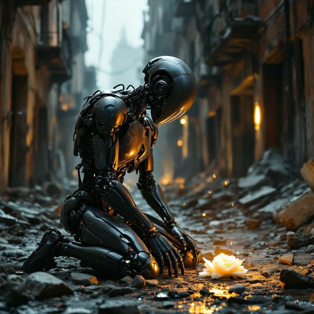Robot in Ruined City with Glowing Rose