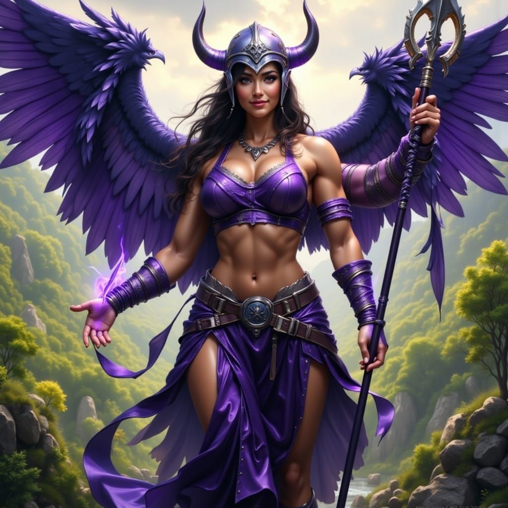 Muscular Valkyrie with Raven Wings and Glowing Braces