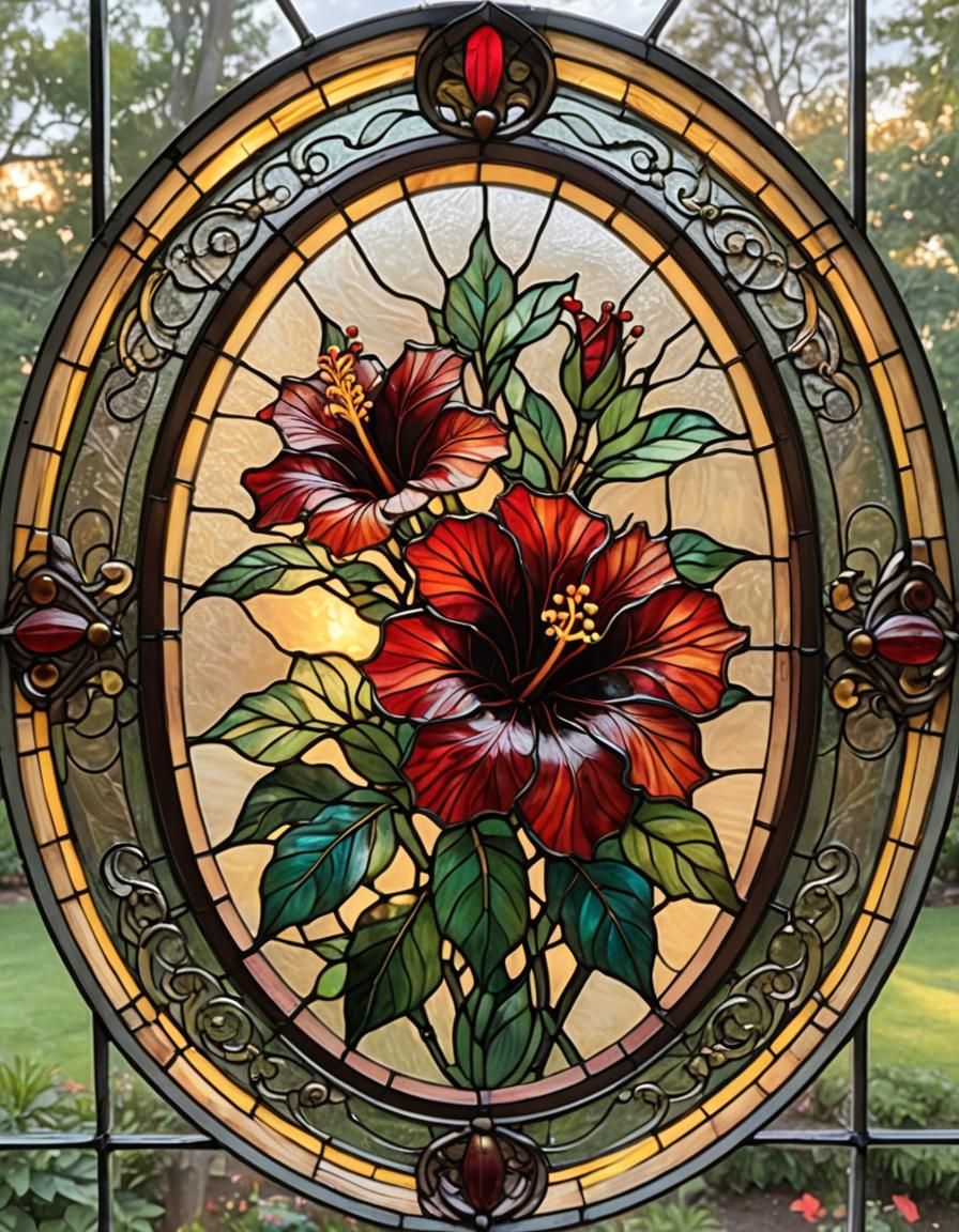 Hibiscus in Stained Glass Oval Frame
