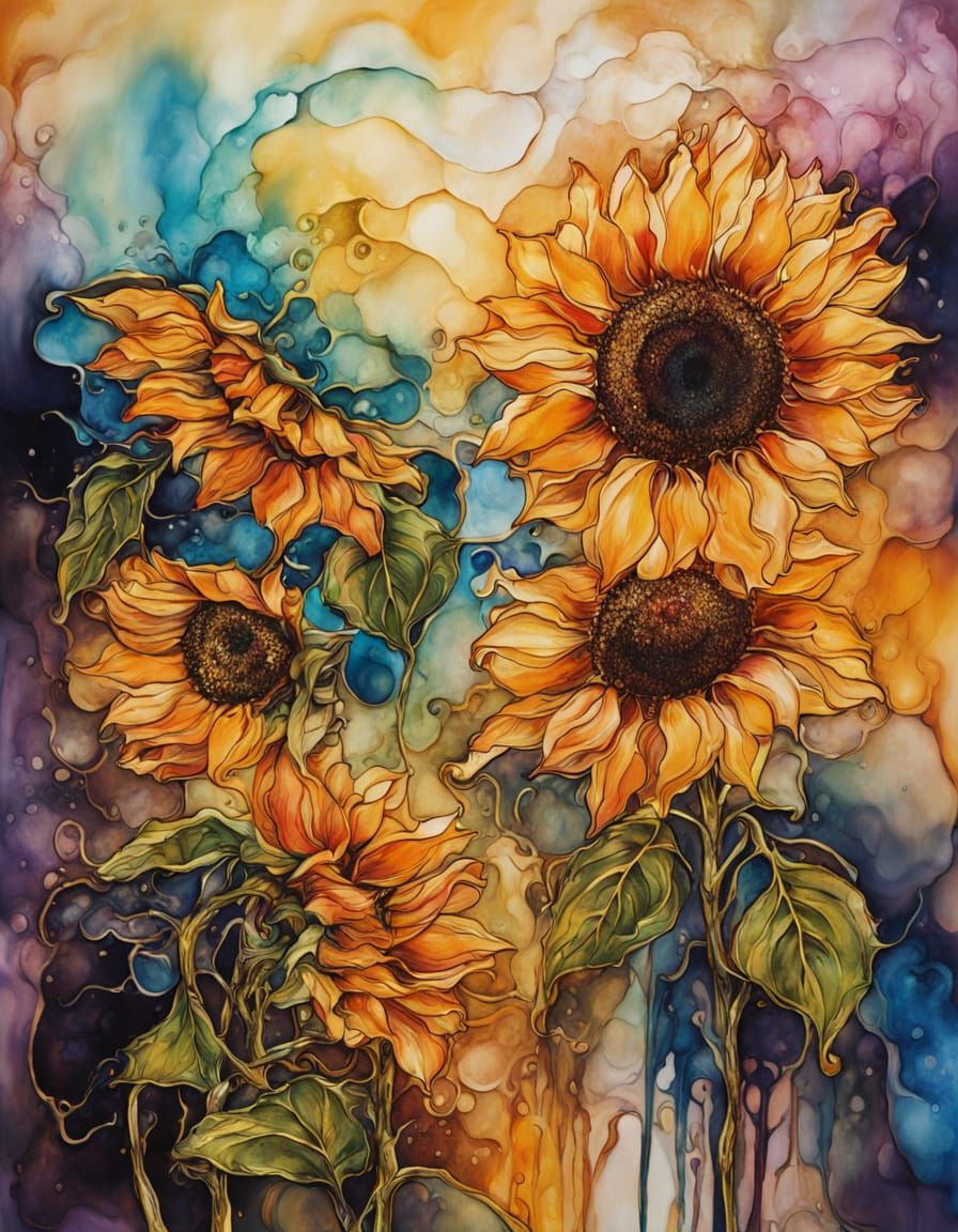 Surreal Alcohol Ink Painting of Sunflowers in Glass