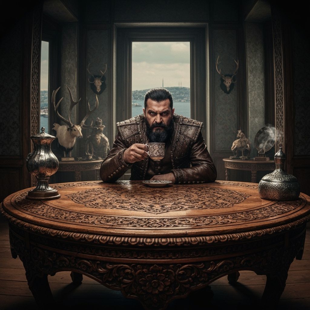Furious Ottoman Pasha Hunter at Starbucks, Comic Book Style