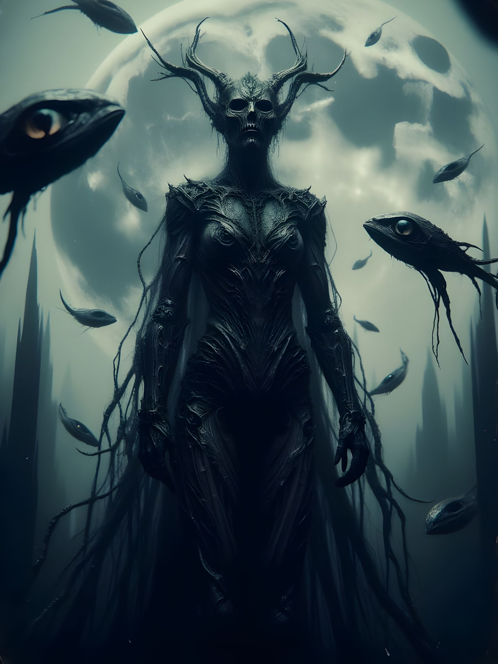 Cyberpunk Goddess Amidst Machine Eyes in Dark Realism