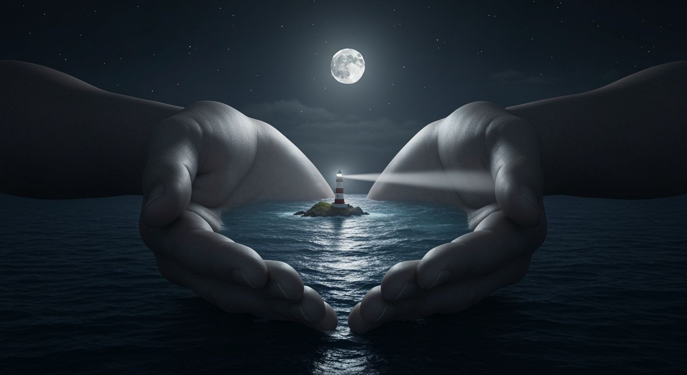 Surreal Ocean Held in Colossal Hands Under Moonlight