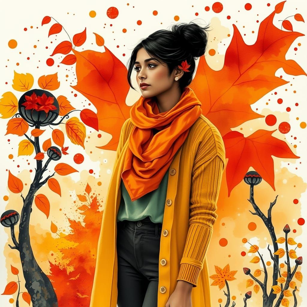 South Asian Woman in Autumn Landscape, Pointillist Watercolo...