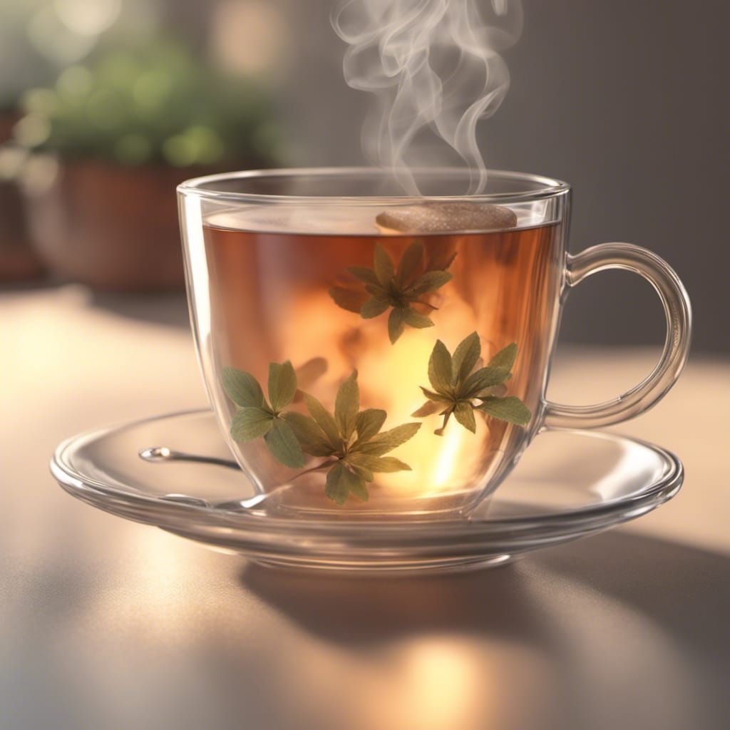 A glass cup of steaming hot herbal tea.