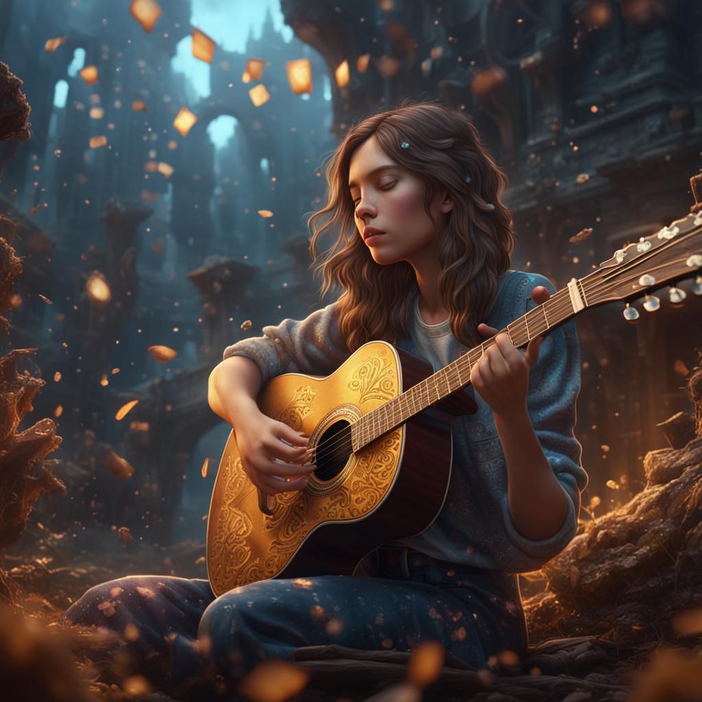 Girl Playing Guitar: Fantasy Art in Deep Color