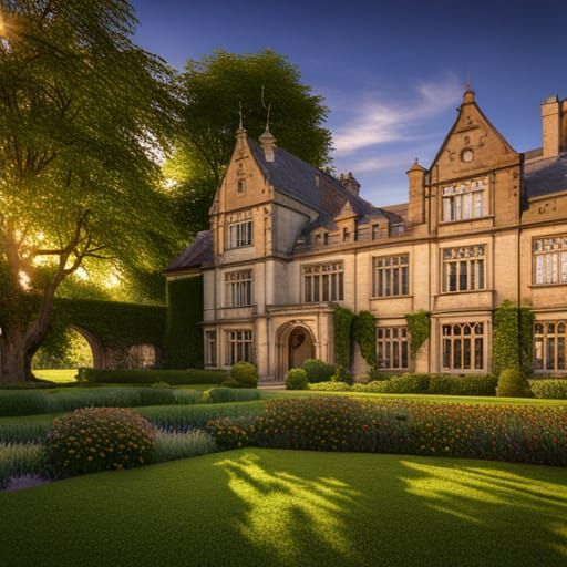 Detailed English Manor House with Oak Tree