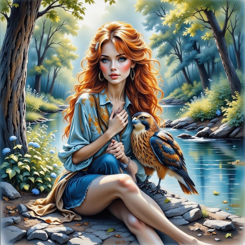 Woman and Falcon by River in Forest Oil and Watercolor Paint...