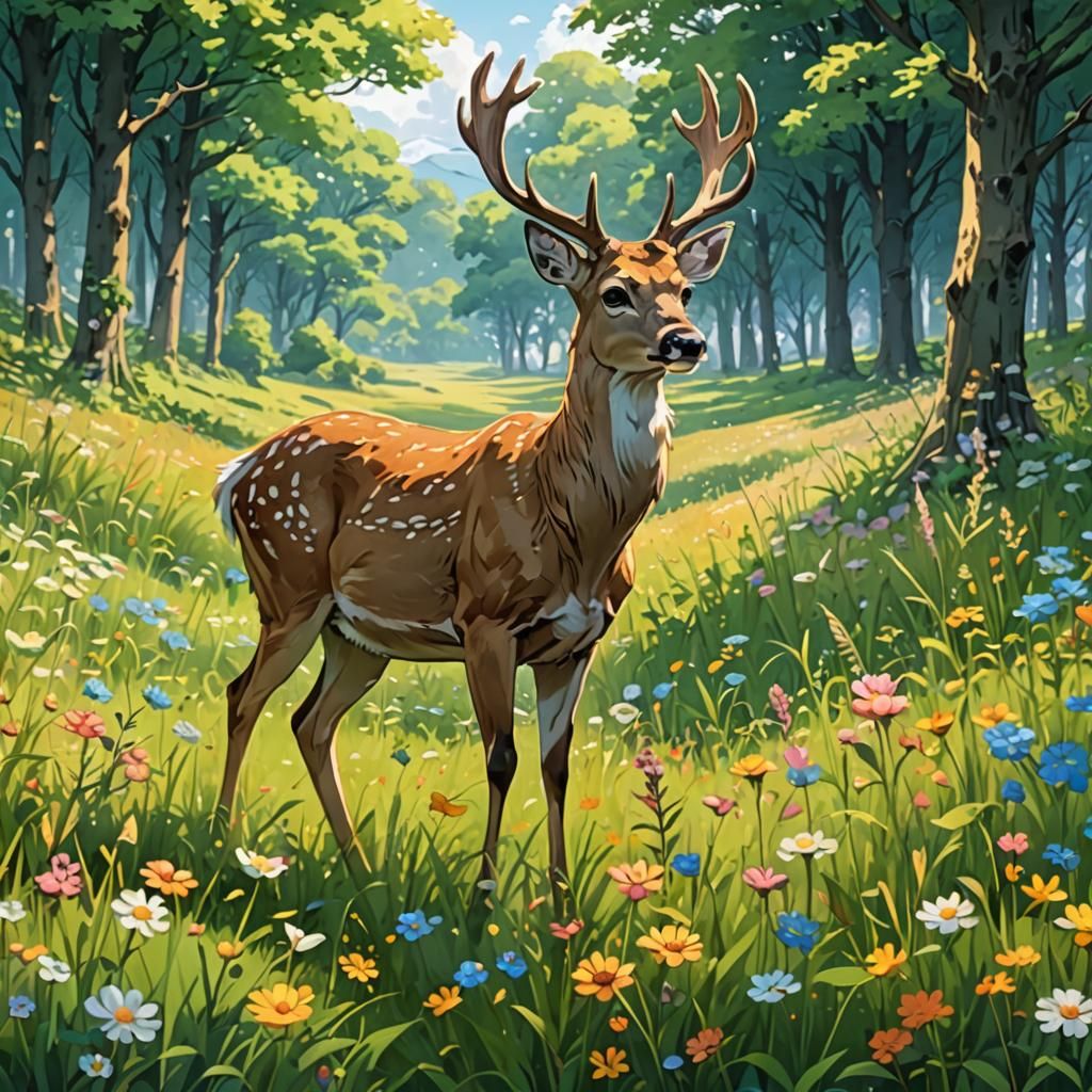 Deer in Meadow: Anime-Inspired Digital Art